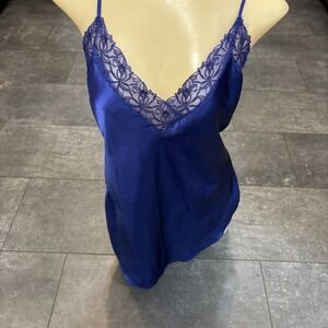VTG Y2K Victoria's Secret Slip Chemise Nightie Deep Blue Floral Lace Lg Layering